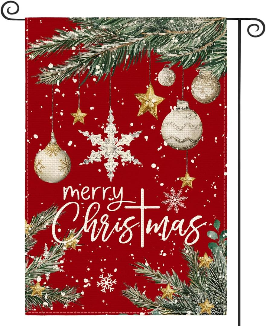 AVOIN colorlife Merry Christmas House Flag 28x40 Inch Double Sided Outside, Ornament Baubles Winter Holiday Yard Outdoor Flag Red