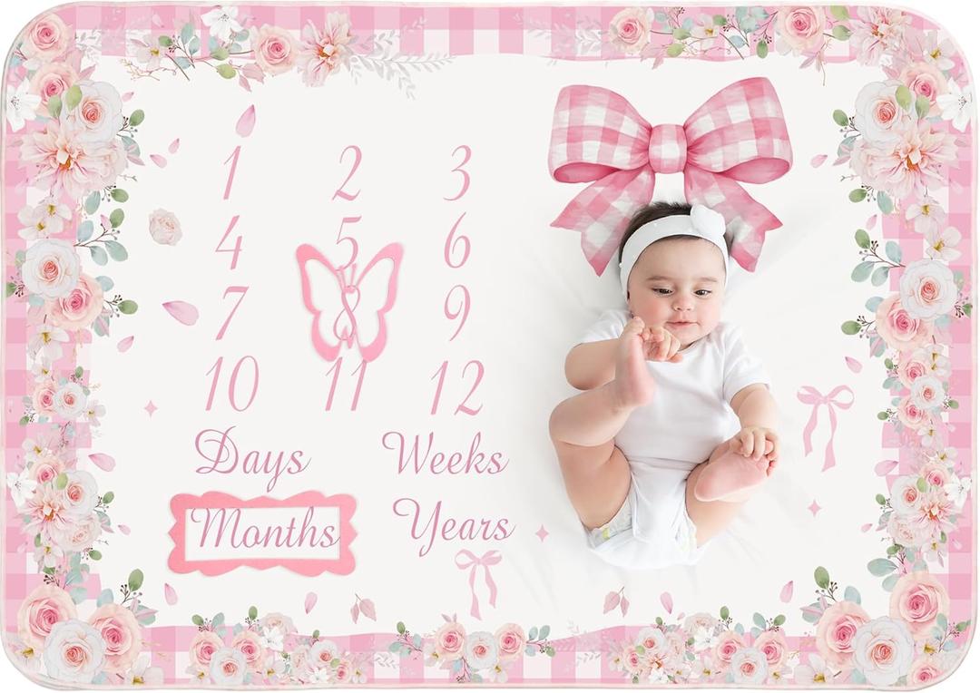 Chumia Baby Monthly Milestone Blanket for Baby Girl 59"x39" Floral Photo Prop Age Milestone Blanket with 2 Felt Floral Wreath Frame (Pink, Bow)