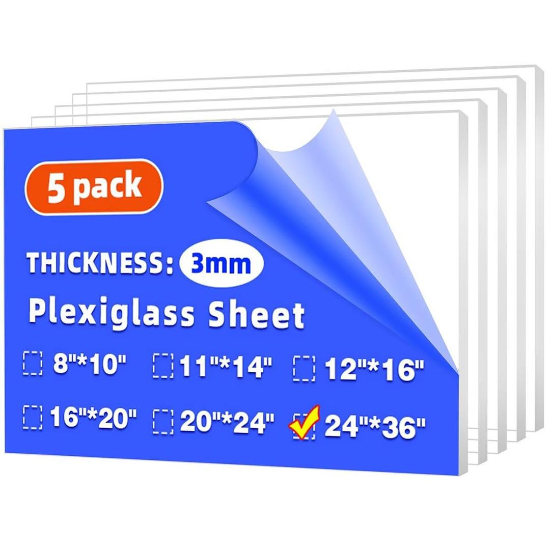 (5 Pack) 24" x 36" Plexiglass Sheets 1/8 inch Thick (3mm), Clear Acrylic Sheets Panel Cut to Size Plexiglass Acrylic Board, Cut with Engraver, Power Saw or Hand Tools, No Laser Cut.