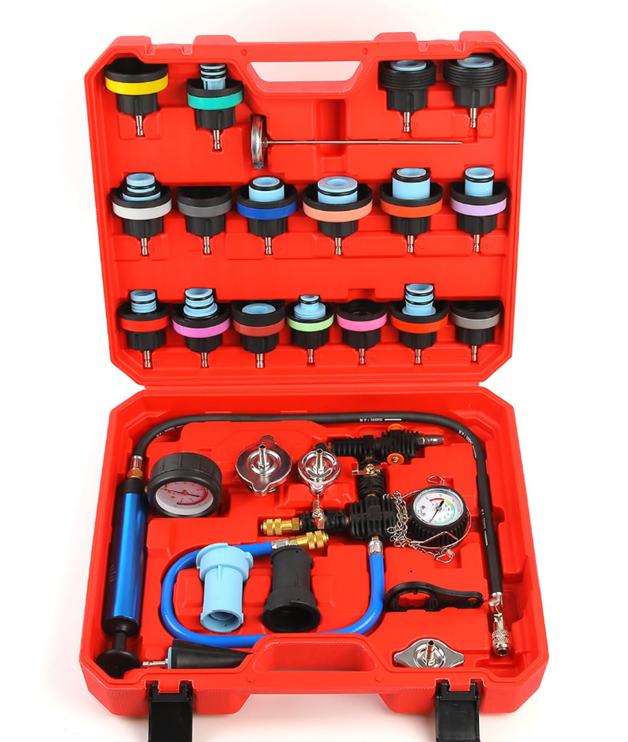 28PCS Radiator Pressure Tester Kit, Universal Coolant Pressure Tester and Vacuum Refill Tool with Adapters for Automotive Cooling System Leak Detection(Red)