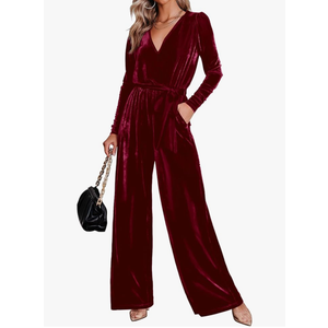 Velvet Long Sleeve Wide Leg Jumpsuits for Women Dressy V Neck Belted Romper One Piece Fall Outfits with Pocket S