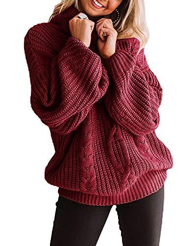 Womens Chunky Turtleneck Sweaters Plus Size Long Sleeve Cable Knit Casual Loose Jumper Tops Burgundy, XXL