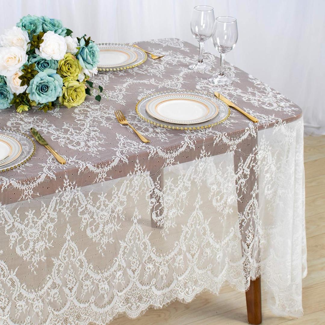 ShinyBeauty Lace Tablecloth 60X120 Inch 10 Packs White Lace Tablecloths Reactangular Floral Table Covers for Tea Party Embroided Table Overlay