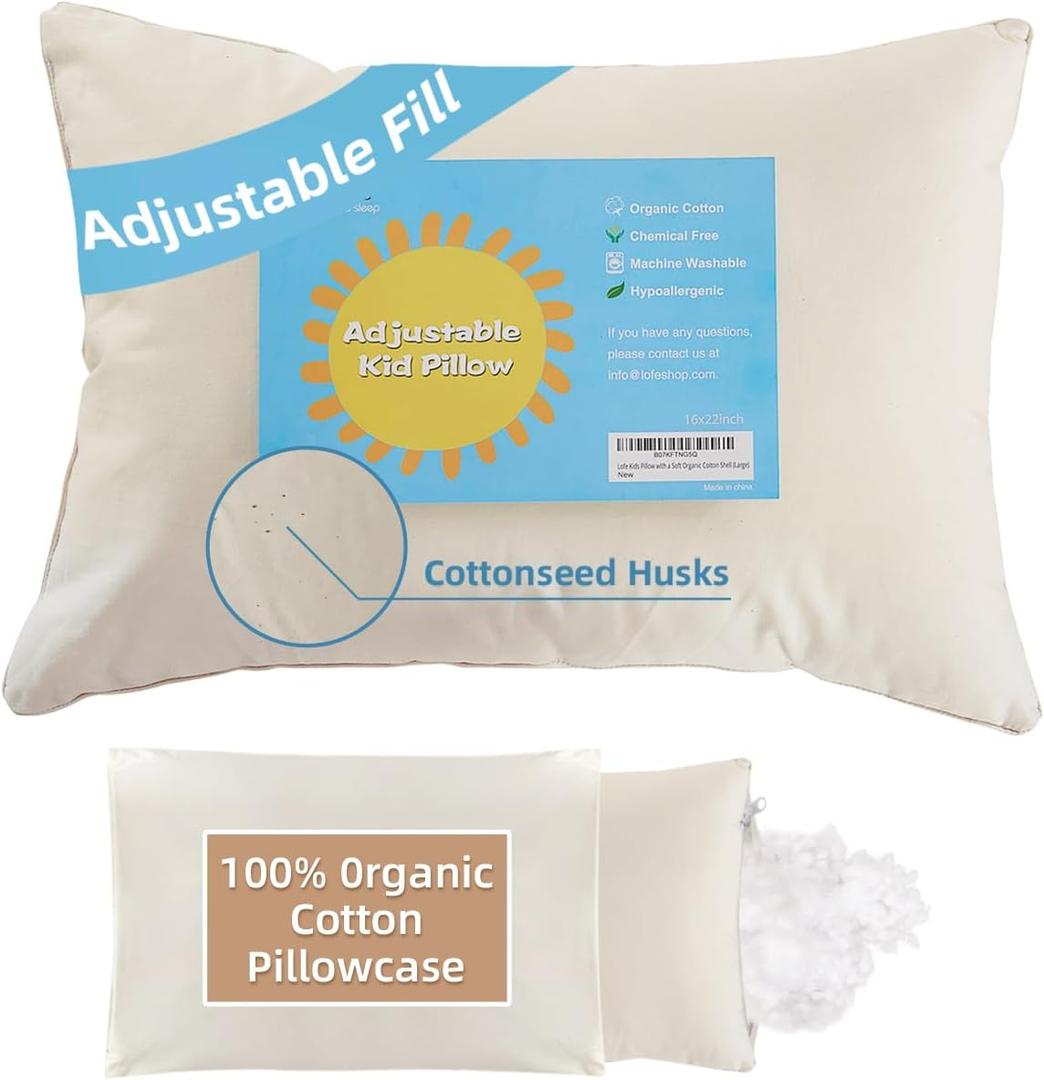 LOFE Organic Kids Pillow with Pillowcase - 16x22 Youth Pillow with 100% Organic Cotton Shell, Adjustable Loft Organic plilow, Machine Washable, Soft, Hypoallergenic, Perfect Pillows for Kids&Youth (Off White)