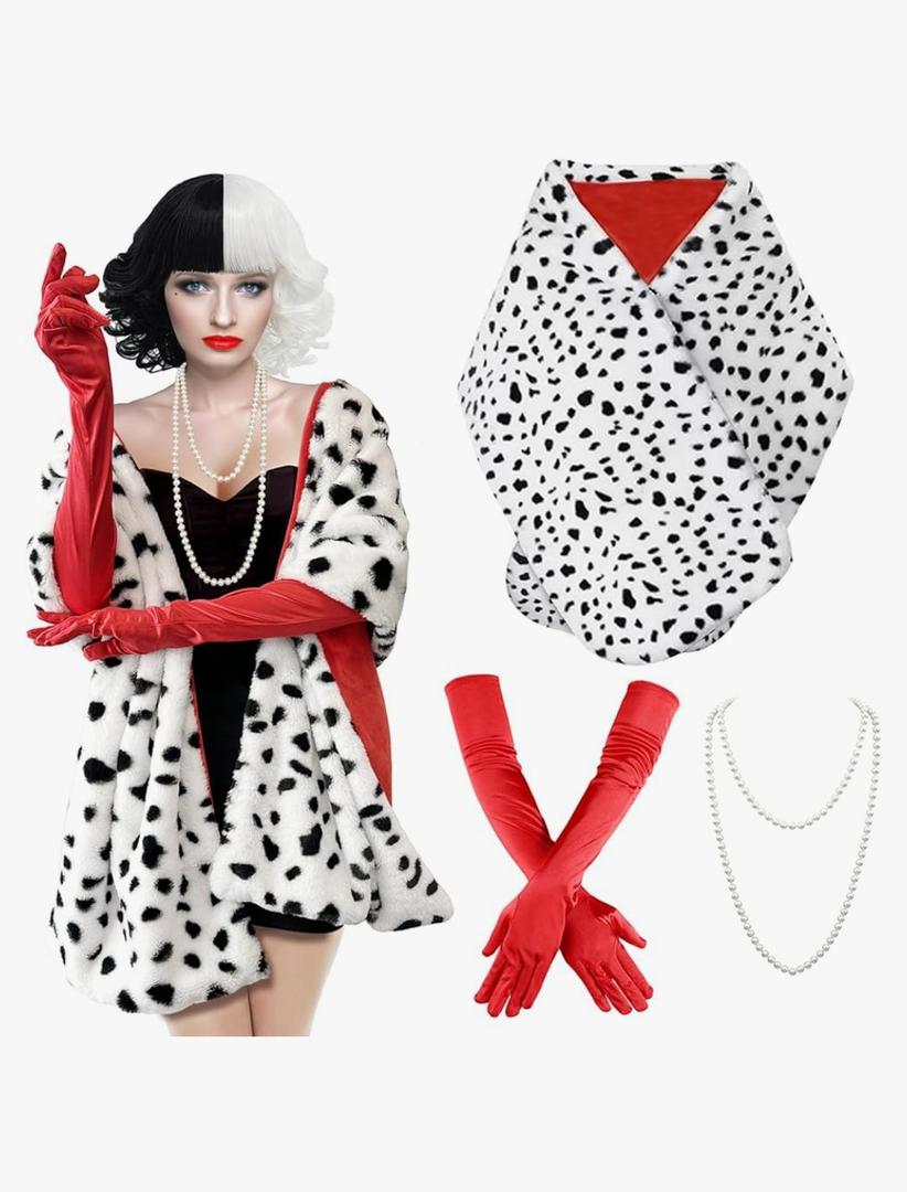4PCS Halloween Costume Women, Dalmatian Shawl, 1920s Red Gloves, Dalmatian Costume Women Coat for Halloween Cosplay Party Medium