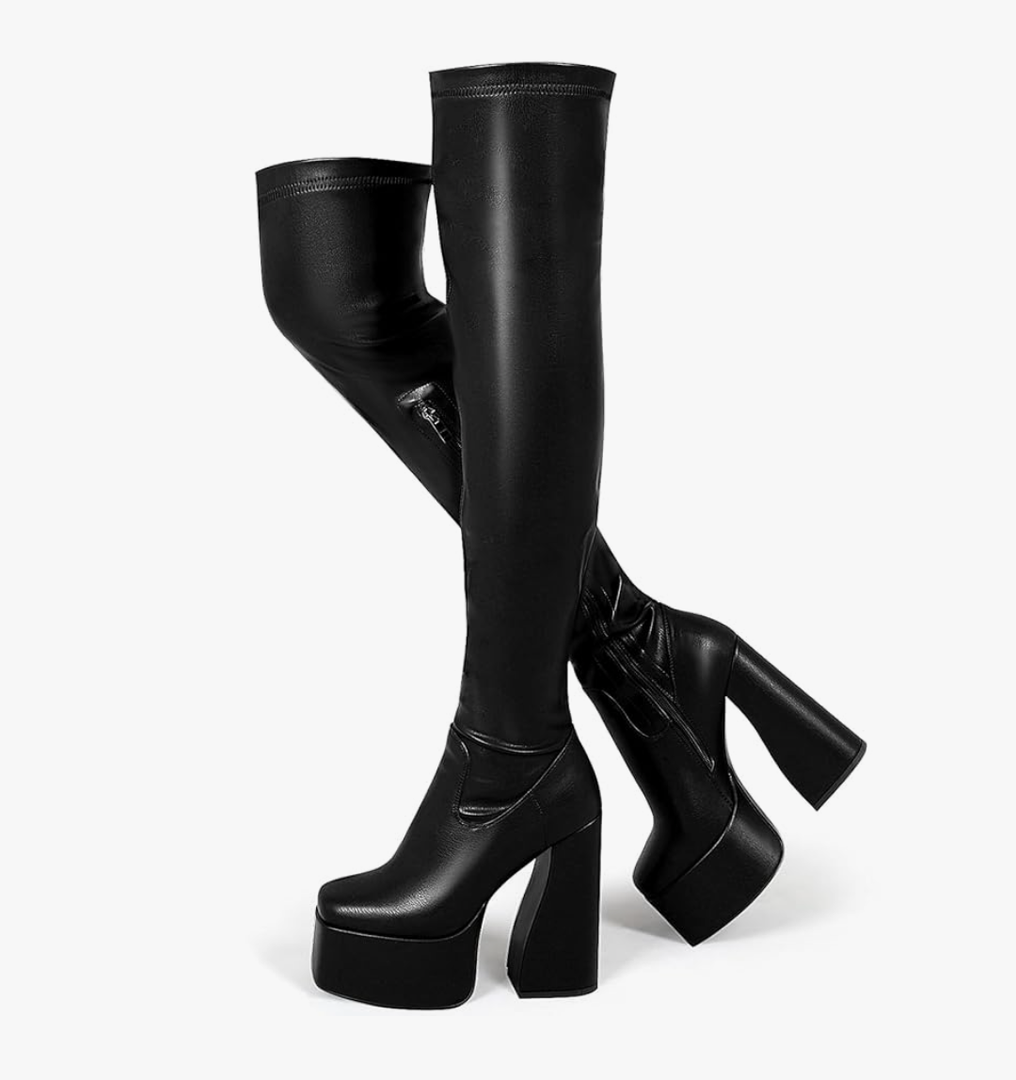 LanreyTaley Platform Thigh High Boots for Women Chunky Block Heels Over The Knee Boots Stretch Go-Go Boot Square Toe Party Boots with Zipper Black 40