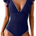 Women's One Piece Ruffle Swimsuit Tummy Control Bathing Suit V Neck Shell Stitched Swim Suit Slimming Swimwear (Medium, Dark Blue)