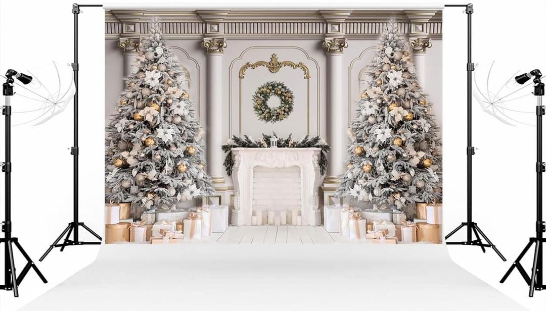 Kate 75ft (2.21.5m) Christmas Tree Photo Backdrop Xmas Palace Classic Indoor White Fireplace Gifts Decoration Photography Background for Christmas New Year Photographer Studio Props