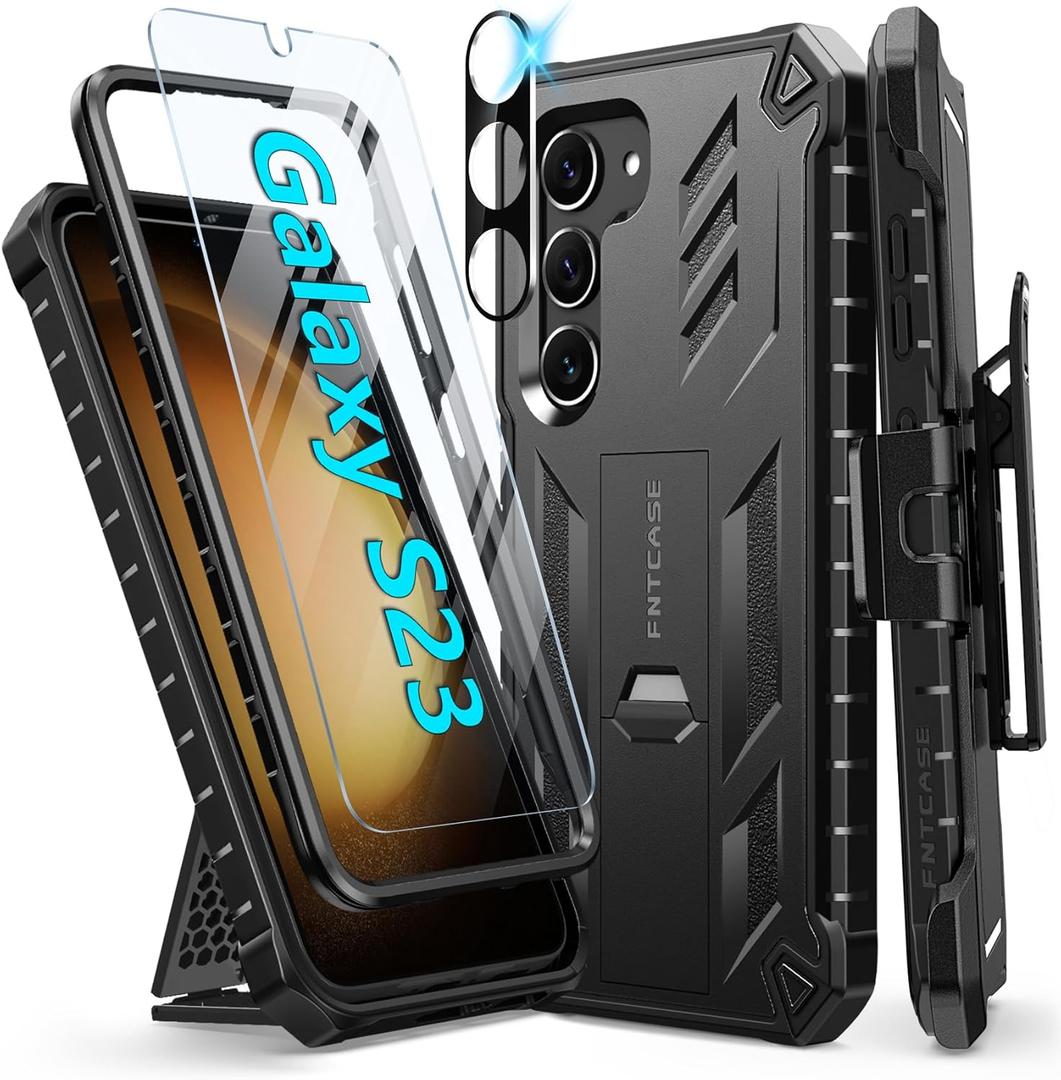 FNTCASE for Samsung Galaxy S23 Case : with Belt-Clip Holster & Kickstand Heavy Duty Rugged Shockproof Protective Phone Shell | Military Grade Protection Durable Cover for Galaxy S23 - Black (Galaxy S23 6.1 inch)