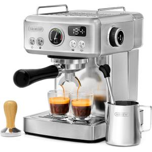HIBREW H10A - Programmable Espresso Machine - 58mm Portafilter in Stainless Steel - Temperature & Cup Volume Adjustable at will - With Intelligent Display Screen & Pressure Gauge. (Silver)