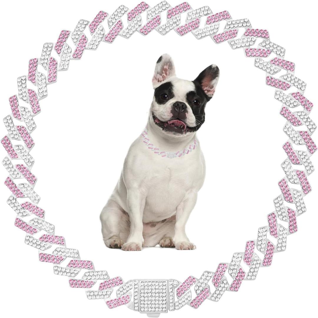 Pink Dog Chain Collar,Bling Dog Chain Necklace Rhinestone Cuban Link Dog Collar Diamond Small Dog Collar Girl Pretty Puppy Collars Female Cat Chain Sparkling Crystal For XXS XS Small Medium Pet,8 Inch