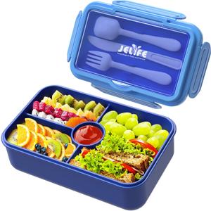 Jelife Bento Box Kids Lunch Box - Large Bento-Style Leakproof with 4 Compartments Food Storage Container with Tableware for Kids Back to School, Reusable On-the-Go Meal and Snack Packing, Blue