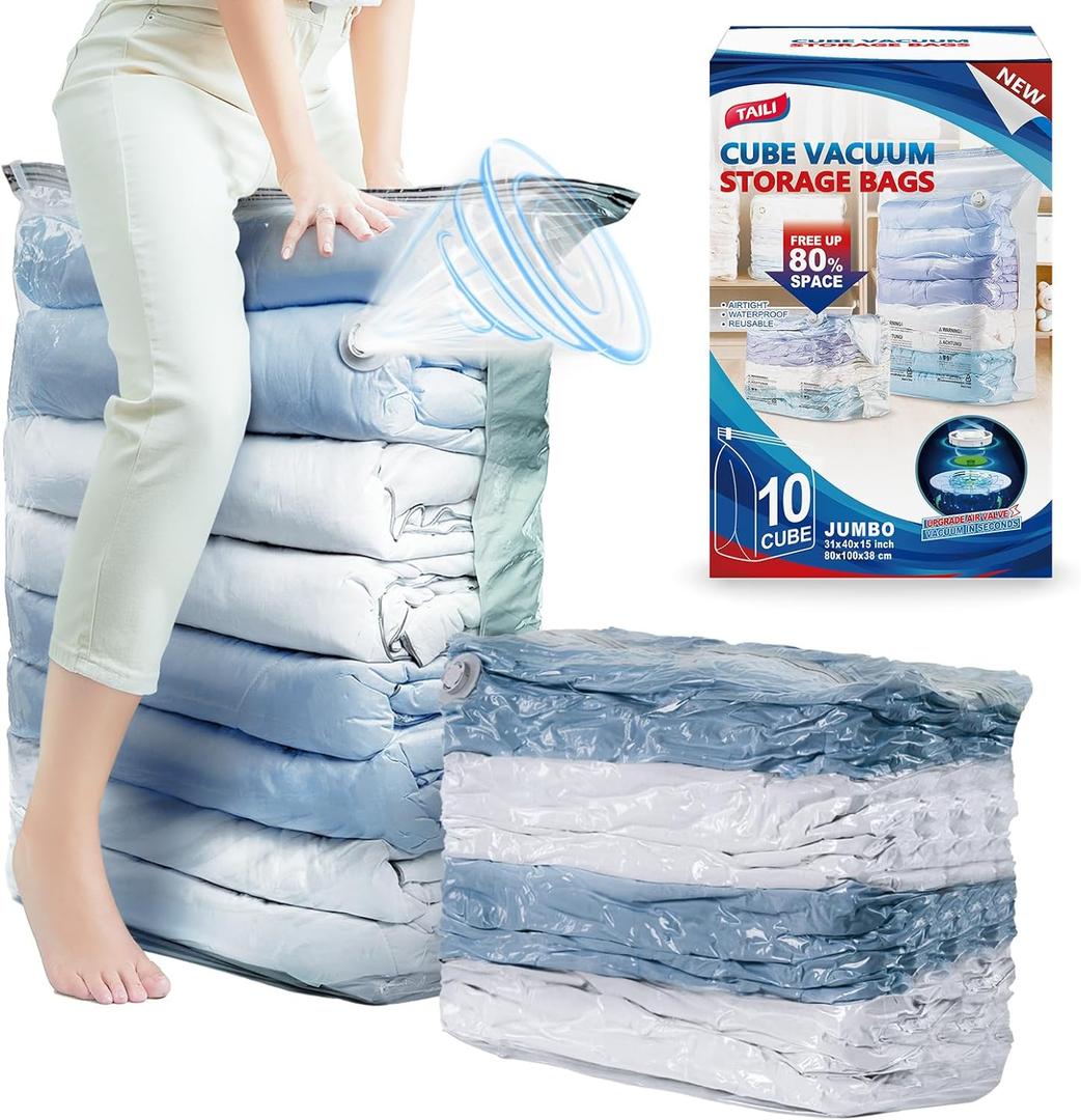 TAILI 10 Pack Vacuum Storage Bags, Jumbo Cube Space Saver Bags (31x40x15 Inch), Extra Large Vacuum Sealer Bags for Comforters Blankets Bedding Clothing, Closet Organizer, Cream