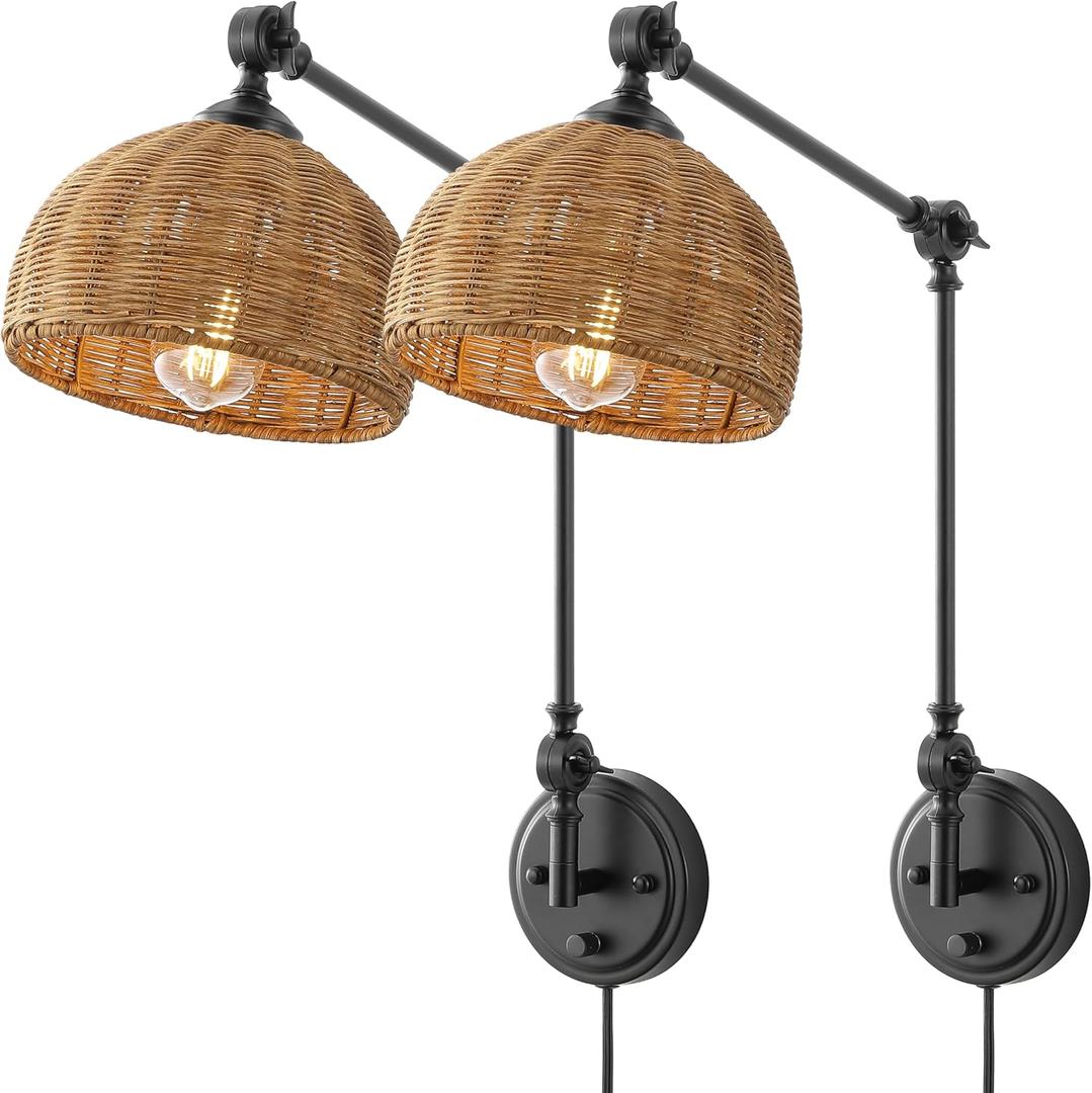 WINGBO Black Wall Sconce Rattan Wrapped Wall Lamp Set of 2, Adjustable Swing Arm Wall Light Fixture Vintage Bedside Light Wicker Handmade Shade Reading Light Plug in or Hardwire