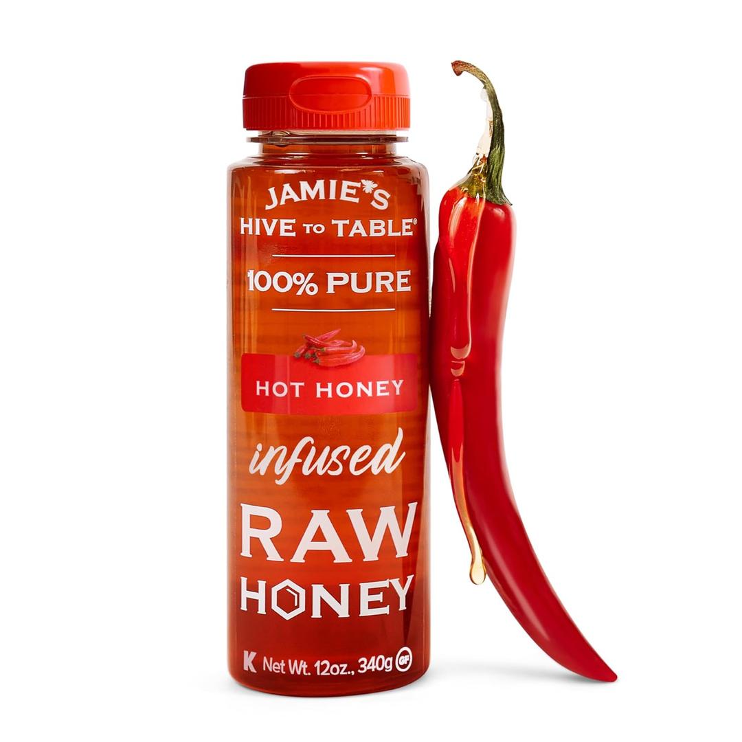 Jamie's Hive To Table Hot Honey, 12 Oz – 100% Natural Raw Honey Infused with Hot Pepper – Gluten-Free, Non-GMO – Spicy Kick for Your Pizza, BBQ, Charcuterie, or Cocktails 11/05/27