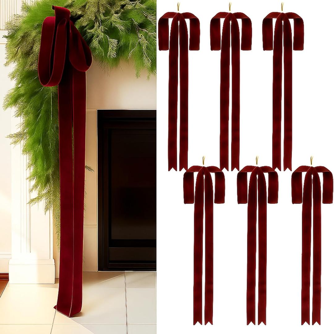 Janinka 6 Pcs Burgundy Large Velvet Christmas Swag Bow 31.5 x 23.6 inch Vintage Christmas Ornament Wine Red Rustic Velvet Staircase Wreath Bows Xmas Tree Topper Bows Large Bow for Outdoor