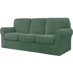 7 Piece Stretch Sofa Covers for 1Base Cover 3 Cushion Couch Cover and 3 Backrest Cover for Living Room Furniture Slipcovers Thicker Jacquard Fabric (Matcha Green)