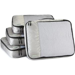 Amazon Basics 4 Piece Packing Cubes Travel Organizer Set with Double Zipper, Mesh Top, Large, Gray