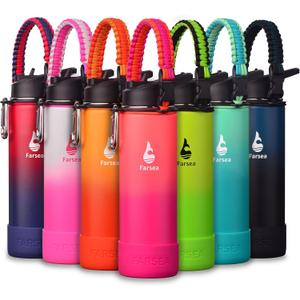 Farsea Insulated Water Bottle With Paracord Handle, Protective Silicone Boot and 2 Lids (Straw Lid & Spout Lid), Stainless Steel Water Bottle Wide Mouth, Double Wall Sweat-Proof BPA-Free, 24 oz (Coral/Punch)