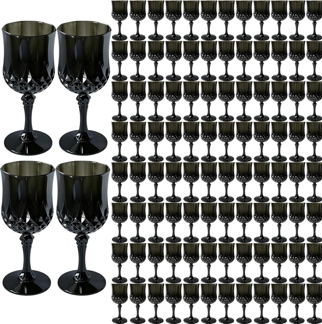 XUWAIDSGN 7oz Plastic Vintage Wine Glasses Drinking Glasses Unbreakable Wedding Glassware Crystal Water Goblets Reusable Drinkware Vintage Champagne Flutes (24, Black)