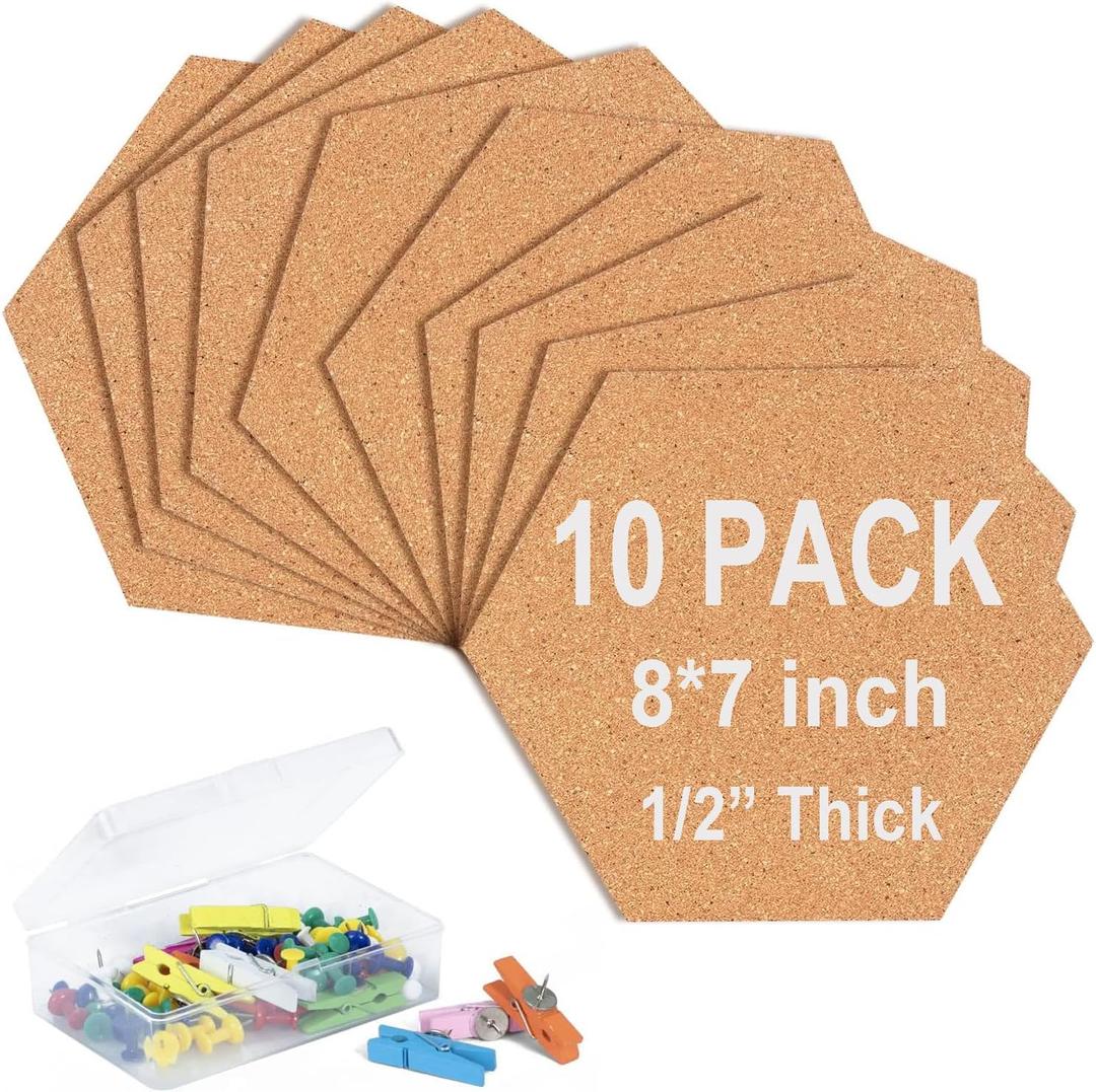 10 Pack Cork Bulletin Board Hexagon - Decorative Display Boards, 1/2" Thick Self-Adhesive Cork Board Tiles for Home Office Decor, School Message Board (10 Pcs) (Brown)
