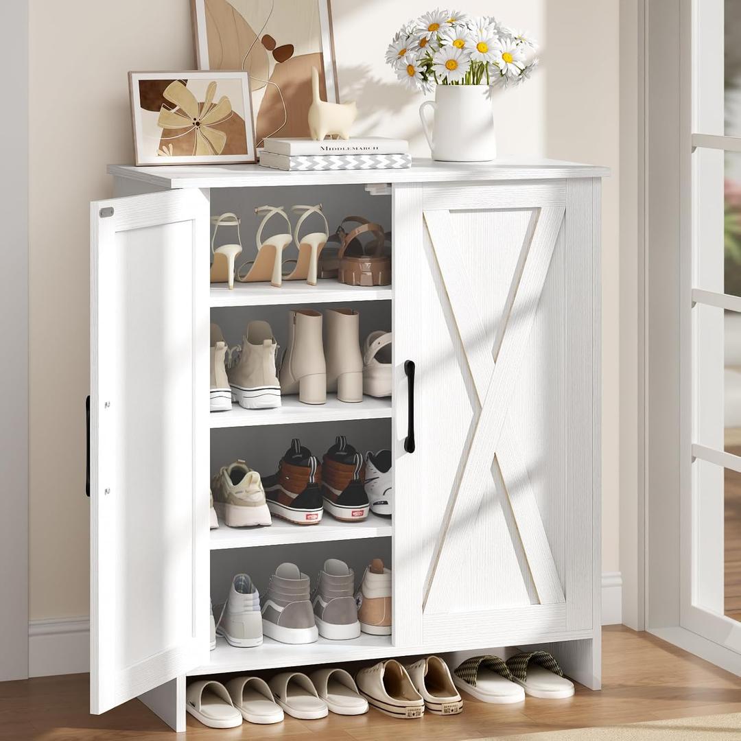 Farmhouse Shoe Storage Cabinet with Doors, 5-Tier Wooden Shoe Cabinet Organizer with 3 Adjustable Shelves, Shoe Rack Shoe Cabinet for Entryway, Hallway, White, 13.8"D x 27.6"W x 31.5"H