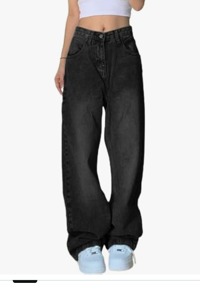 EMMIOL Women Baggy Jeans Mid-Low Waist Boyfriend Streetwear Vintage Jeans Wide Leg Denim Pants XS