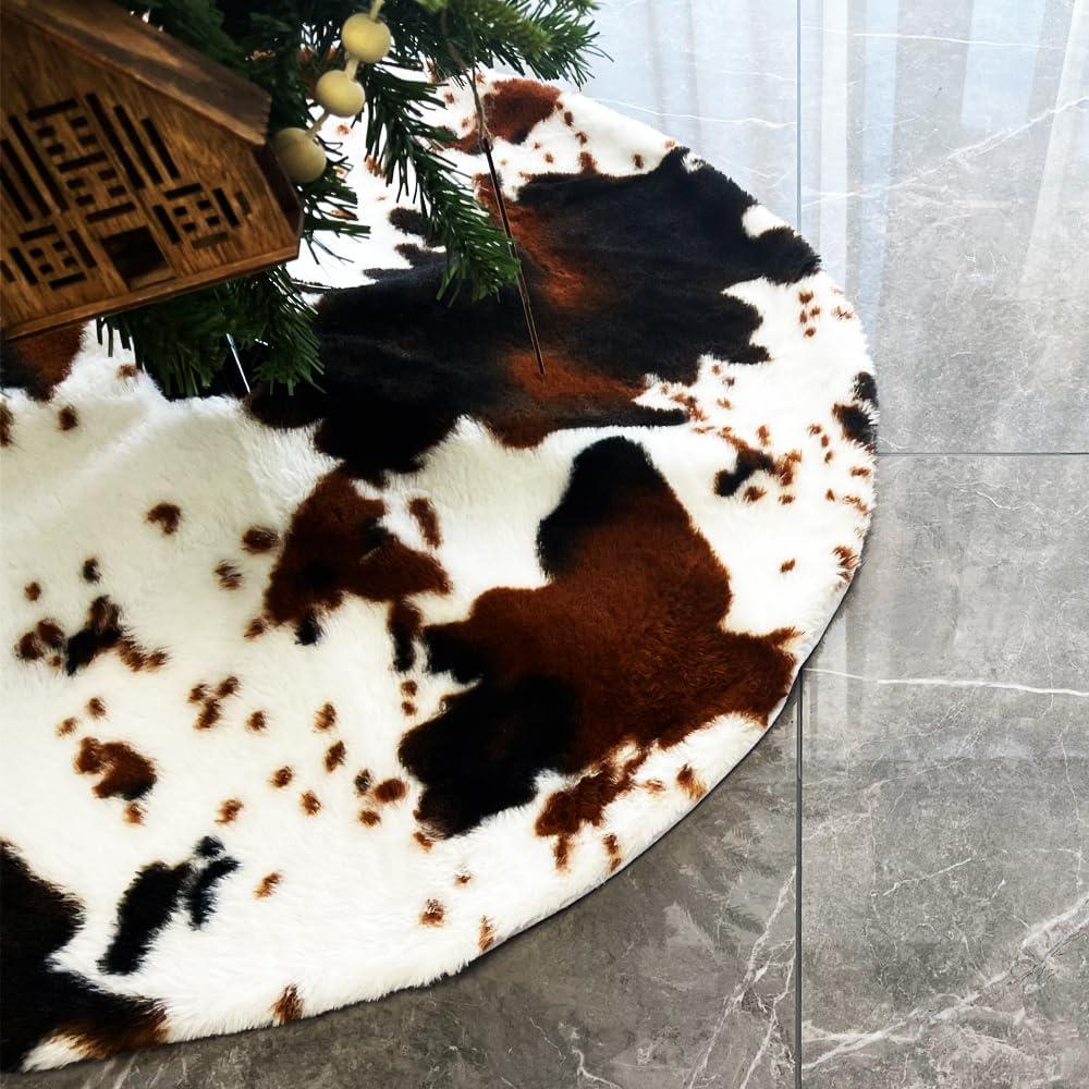 Christmas Tree Skirt 30/48inches, Cow Stripe Plush Faux Fur Christmas Tree Skirt Xmas Tree Skirt for Christmas Decorations Home Party Holiday Decor Cow (30 Inch/ 78 CM)