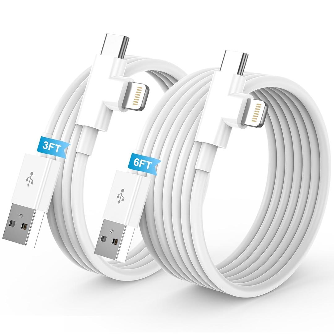 LDHTY 2Pack 90 Degree for iPhone Charger Cord, [3FT+6FT] USB A to Lightning USBC Carplay Cable for iPhone 17/16/15/14/13/12/11 Pro MAX/XS/XR/8/7/6s Plus/iPad Pro/Air/Mini (White)