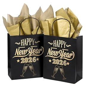 WRAPAHOLIC Medium Size Gift Bags - 12 Pack Happy New Year 2026 Black and Gold Foil Paper Bags for New Year Celebrating, Party - 8" x 4" x 10"