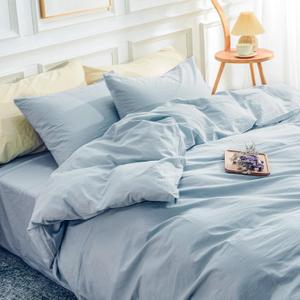 NEXHOME PRO Duvet Cover Set Queen Size Linen Look Textured Organic Natural 100% Washed Cotton Duvet Cover 3 Pieces Bedding Set with Zipper Closure, Soft, Light Baby Blue (No Comforter) (Queen (90"x90"))