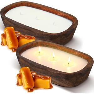 Threlaco 2 Pack Wood Dough Bowl Candle Jar Candle Decorative with Wick Scented Candles Soy Gifts for Men Women Farmhouse Table Centerpiece Home(Apple and Cinnamon)