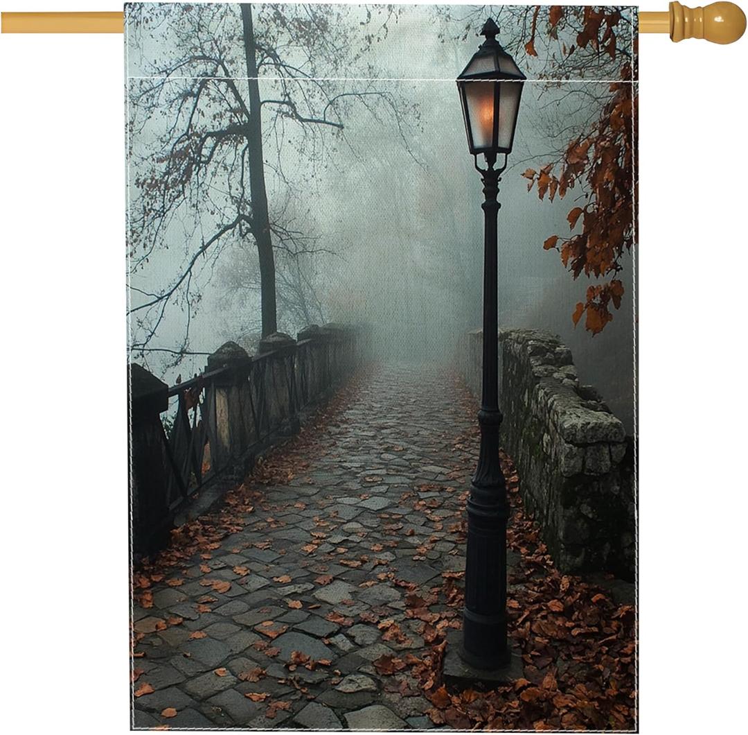 Fall City Street Lamp Landscape House Flags 28x40 Inch Double Sided for Outside, Autumn Park Mist Maple Leaf Linen Vertical Canvas Home Flag, Urban Front Yard BackYard Print Flag