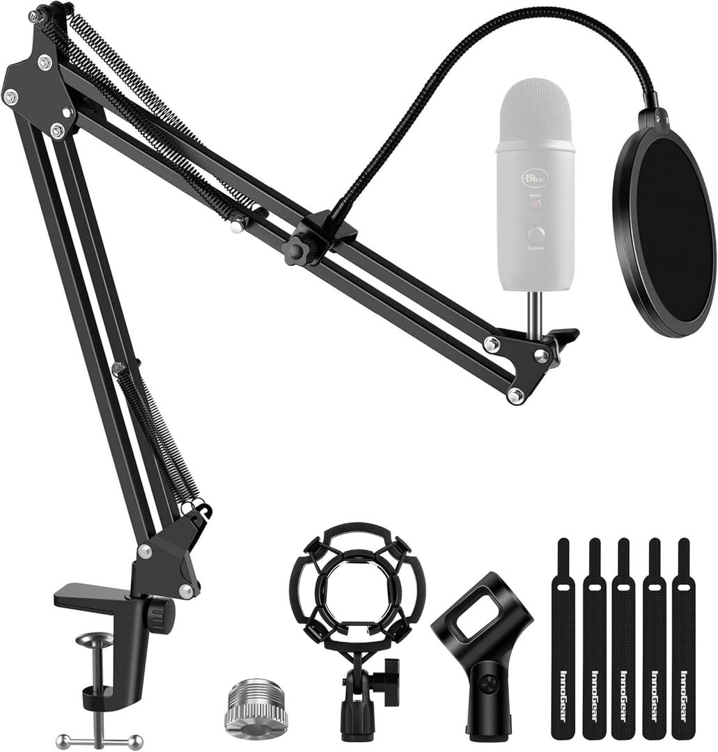 InnoGear Microphone Stand Mic Boom Arm for Blue Yeti HyperX QuadCast S SoloCast Snowball Fifine K669B and other Mic, with Shock Mount Windscreen Pop Filter Mic Clip Holder Cable Ties, Medium