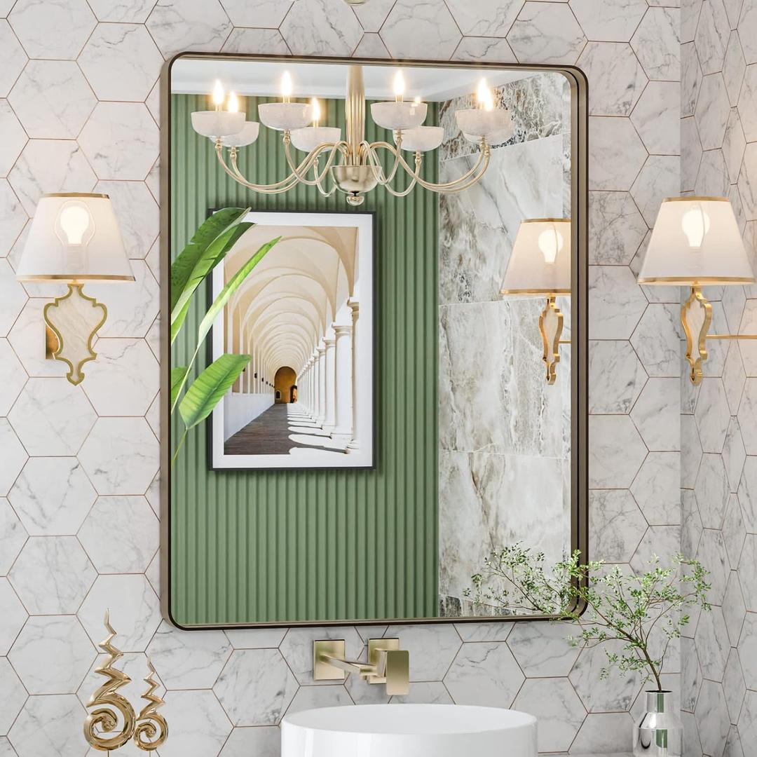 LOAAO 28X36 Bronze Bathroom Mirrors for Vanity, Rounded Rectangle Brushed Bronze Metal Frame Mirror, Anti-Rust, Hangs Horizontally or Vertically