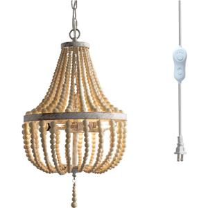 3-Light Mini Wood Beaded Bohemian Plug in Chandelier Dimmable and Timer Pendant Light Fixture with 16.4ft Swag Cord,Antique Metal Finish Natural Color Beads,Dining Room,Living Room,Foyer,Bedroom (White distressed)