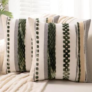 Boho Throw Pillow Covers 18x18 Set of 2 Christmas Decorative Cushion Case Striped Square Pillows Cover Chenille Pillow Cases Accent Neutral Pillowcase for Sofa Couch Bed,Dark Green (18" x 18" (Pack of 2), Dark Green Stripe)