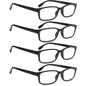 Kerecsen 4 Pack Reading Glasses for Men and Women with Spring Hinges, Lightweight Black Rectangular Readers Eyeglasses (4BLACK, 2.00, x)