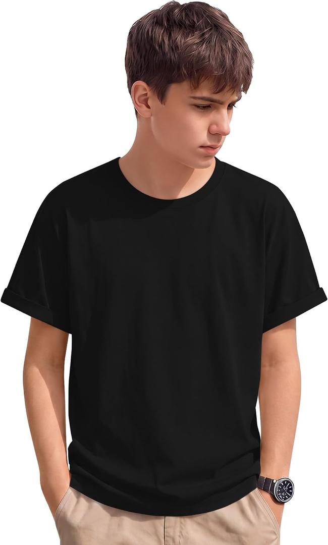 3 x Boys Shirts Short Sleeve Summer Tops Kids Crew Neck Loose Casual Basic Tees for Boys 5-14 Years (Black)
