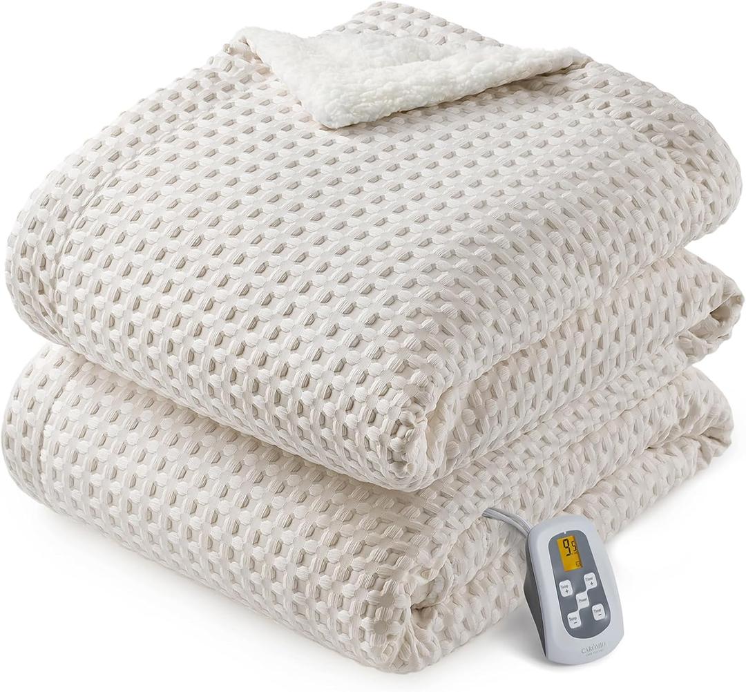 CAROMIO Heated Blanket Full Size, Waffle Weave Electric Blanket Throw with LCD Controller, Fast Heating, 10 Heat Levels & 1-12H Time Settings, ETL Certified, Machine Washable, Beige, 72" x 84"