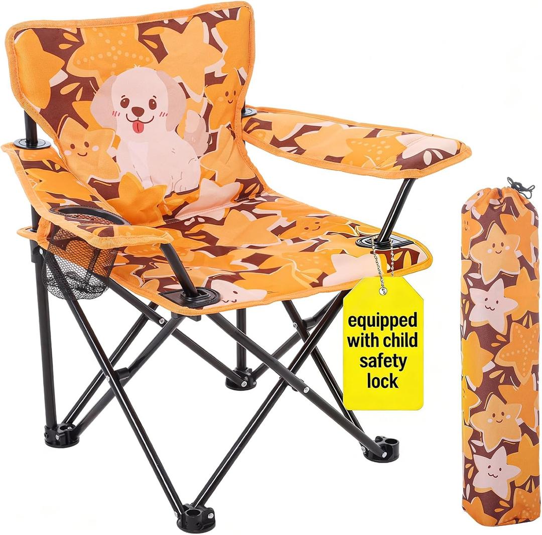 Huskfirm Padded Kids Camping Chair Folding Toddler Chair with Cup Holder & Safety Lock Portable Kids Beach Chair Ages 3-6 for Outdoor Camping Foldable Kids Chair Support 120lbs,Orange Dog