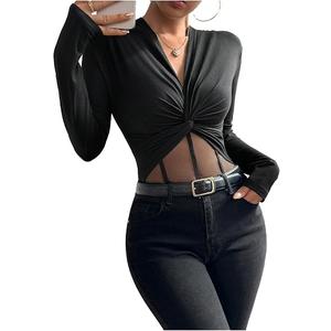 SHENHE Women's Twist Front Long Sleeve Top V Neck Mesh Slim Fit Fall Going Out Night Party Shirt, Medium
