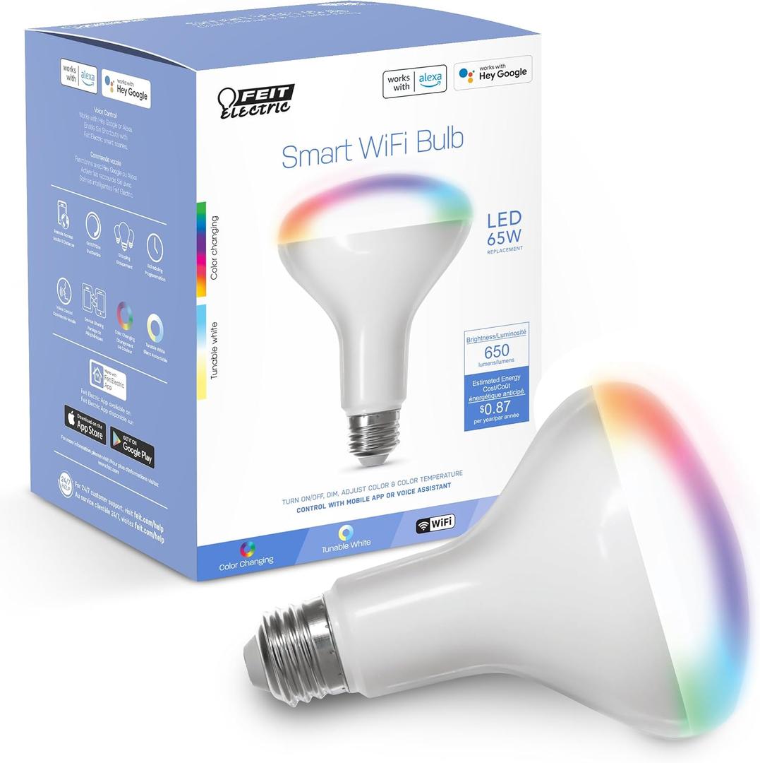 Feit Electric BR30 Smart Flood Light Bulb,2.4GHz WiFi Color Changing and Dimmable, No Hub, Works with Alexa or Google Assistant, BR30/RGBW/CA/AG, 65W, Multi-Color (RGBW), 1 Count (Pack of 1)