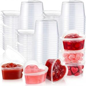 CHENGU 50 Sets Heart Shaped Disposable Shot Cups with Lids Slime Containers Plastic Cups 1.55 oz Small Condiment Containers Clear Dipping Sauce Bowls, for Sauces, Samples, Craft
