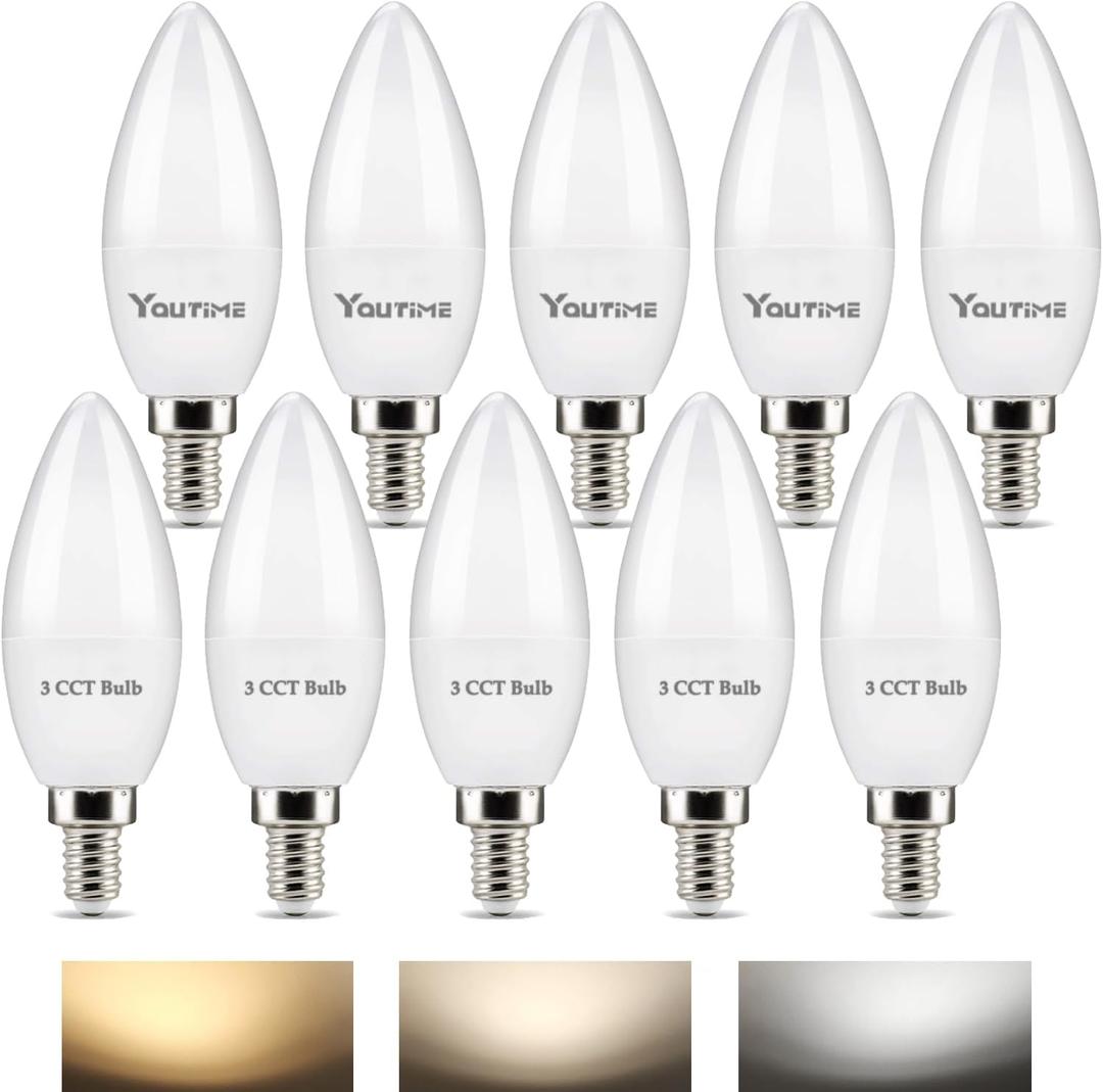 Youtime E12 LED Candelabra Light Bulbs 60W Equivalent, Warm White Daylight White/Natural White 600 Lumen Chandelier Bulb, 5W 3 Color Temperature LED Bulbs, Non-Dimmable, Pack of 10