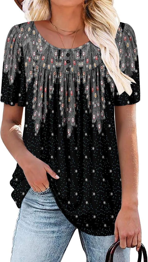 BETTE BOUTIK Women's Short Sleeve Summer Tunic Tops Flowy Flare Button Down Tunic Shirts Blouses S-3XL (Black, L)