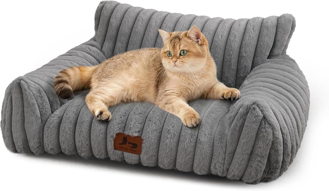 Cat Couch for Pets, Cute Cat Bed with Cozy Soft Faux Rabbit Fur for Kitten, Fuzzy Cats Sofa for Indoor Cats, Supportive Pet Sofa with Removable Washable Cover, Light Gray, 24"