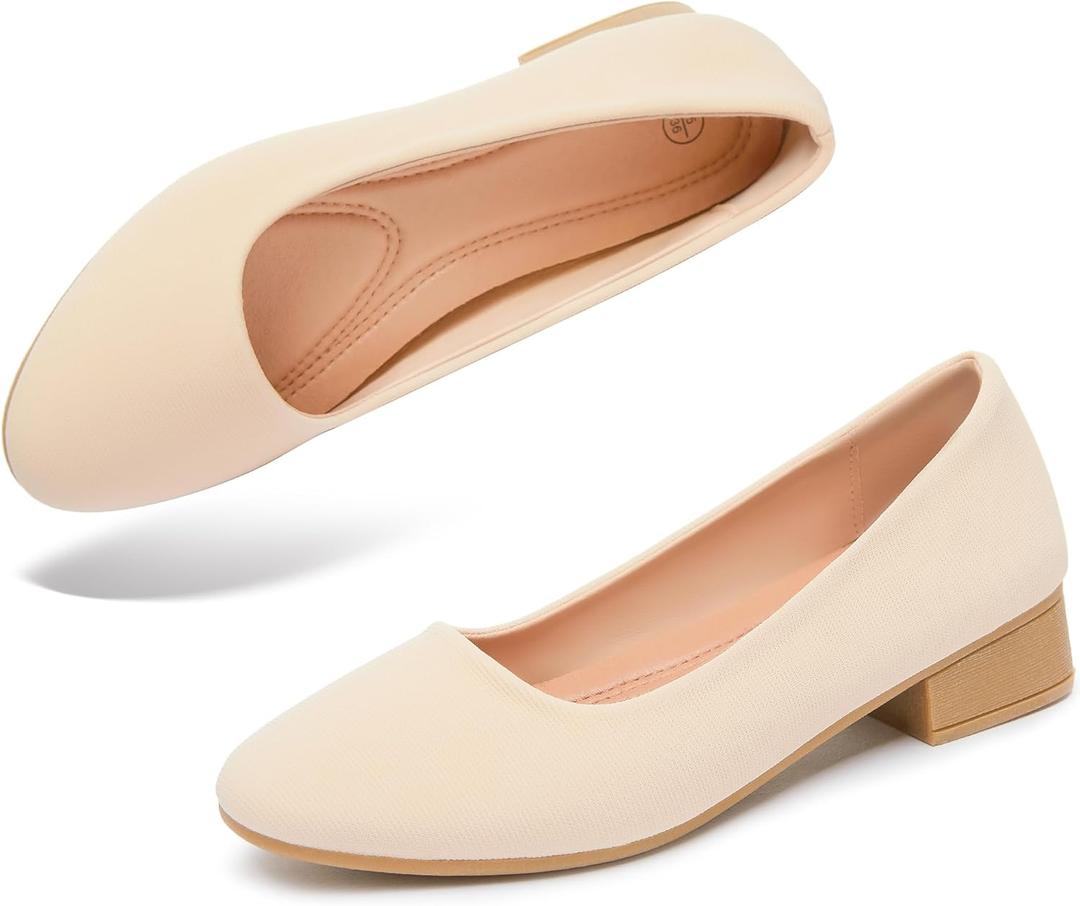 ALTOCIS Womens Low Block Chunky Heels Pumps Ladies Elegant Closed Round Toe Pumps Shoes Low Platform Office Pumps Shoes (8, Nature)