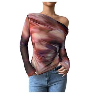 RoseSeek Women's Off Shoulder Tie Dye Mesh T Shirt Long Sleeve Asymmetrical Hem Ruched Fitted Tee Tops Mix Red 4X-Large