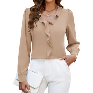 Blooming Jelly Womens Dressy Casual Blouse Business Long Sleeve Tops Ruffle V Neck Work Shirt Fall Outfit 2025 (Beige, S)